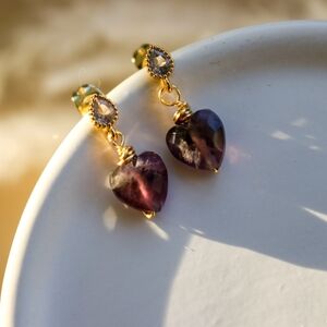 Gold Drop Heart Earrings with  Amethyst Purple Gemstone Dainty minimalist